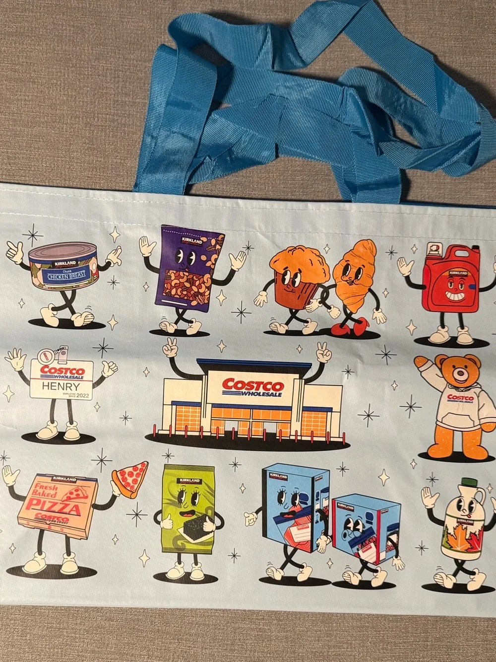 Kirklands Light Blue Reusable Tote with Playful Grocery Characters